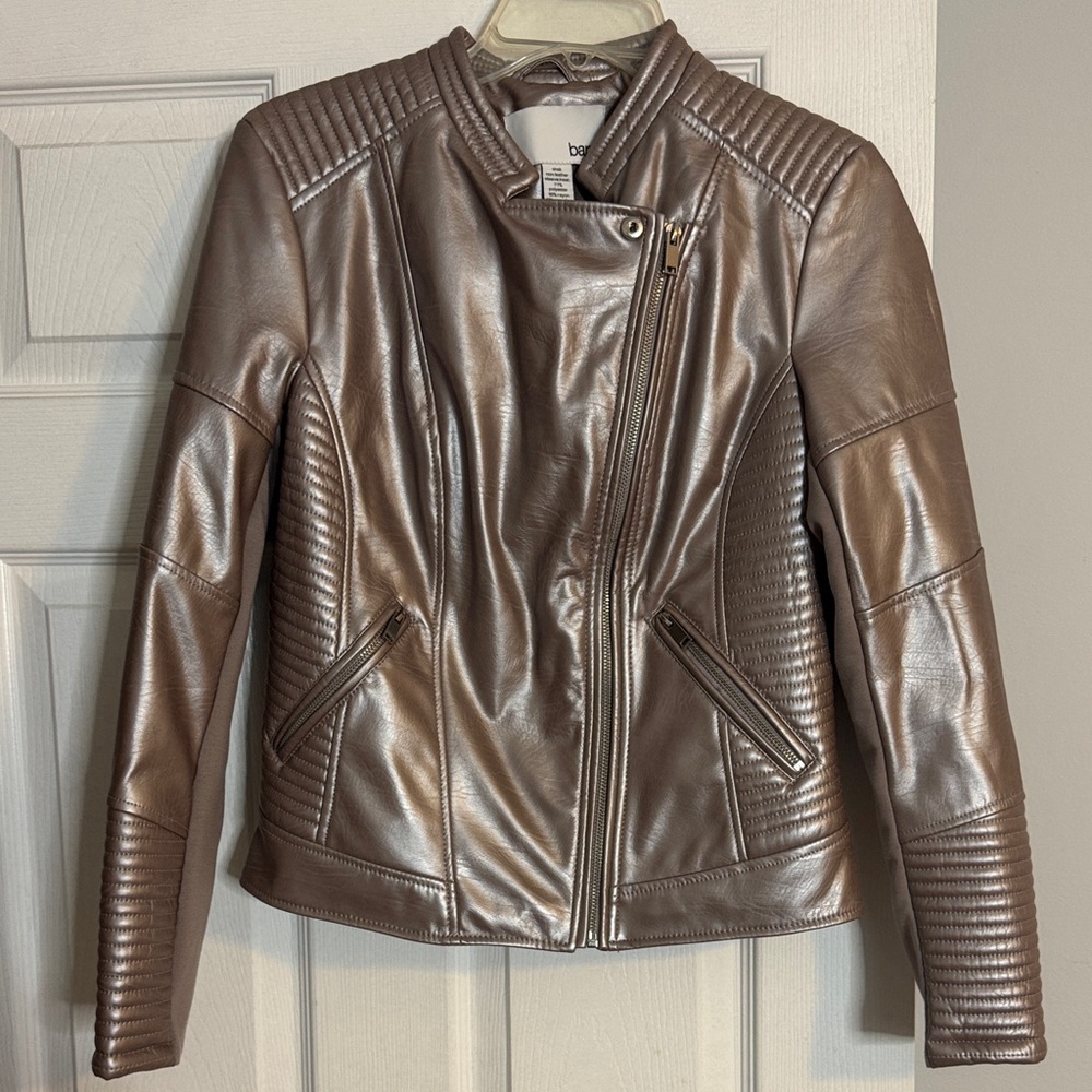 Bar III Metallic Taupe Champagne Color Faux Leather Moto Jacket
